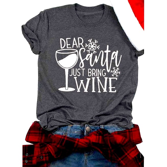Dear Santa Just Bring the Wine - Christmas Short Sleeve Tshirt Large T-shirt - Picture 4 of 5